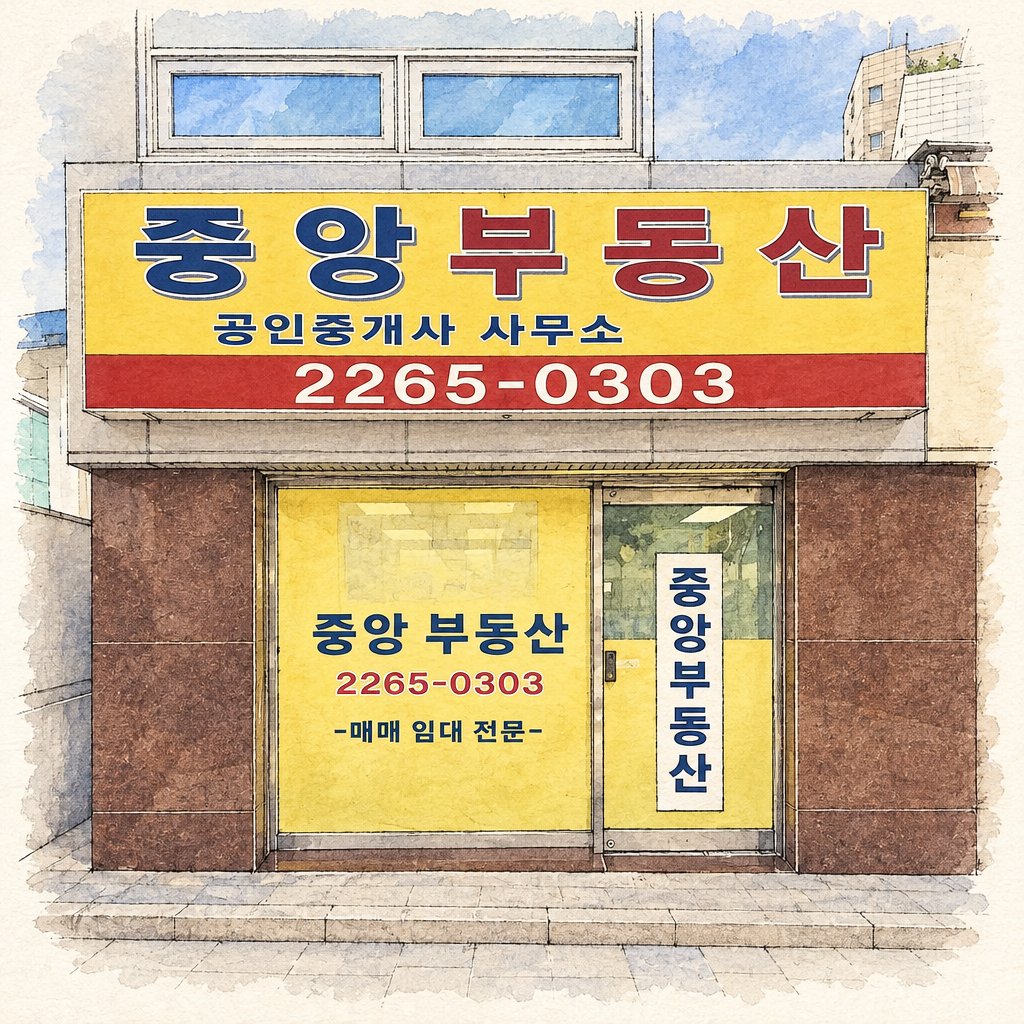 중앙부동산 사무소 외관 그림. 노란 간판에 중앙부동산, 공인중개사 사무소, 2265-0303